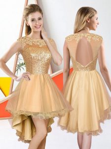 Beauteous Champagne Sleeveless Beading and Lace High Low Bridesmaid Gown