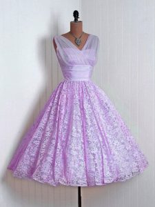 Modest Mini Length Lilac Dama Dress V-neck Sleeveless Lace Up