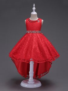 Scoop Sleeveless Lace Up Little Girls Pageant Gowns Red Lace