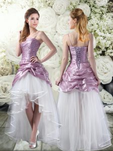 High Low White And Purple Bridal Gown Tulle Sleeveless Ruffles