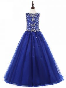 Scoop Sleeveless Lace Up Little Girls Pageant Dress Royal Blue Tulle