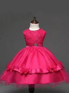Stylish Scoop Sleeveless Child Pageant Dress Knee Length Lace and Bowknot Hot Pink Tulle