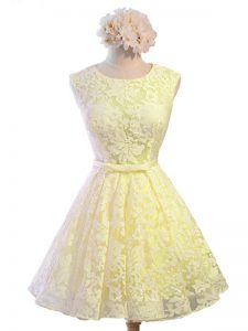 Belt Quinceanera Court of Honor Dress Yellow Lace Up Sleeveless Knee Length