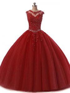 Spectacular Tulle Scoop Sleeveless Lace Up Beading and Lace Quinceanera Dresses in Burgundy