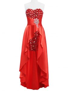 Coral Red Empire Elastic Woven Satin Sweetheart Sleeveless Beading and Ruching Floor Length Zipper Prom Dresses
