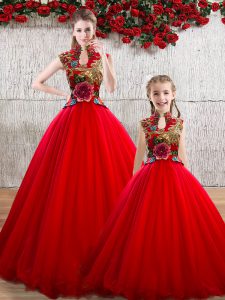 Delicate Red Ball Gowns High-neck Sleeveless Organza Floor Length Lace Up Appliques Sweet 16 Dress