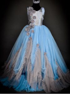 Light Blue Backless Child Pageant Dress Sequins and Hand Made Flower Sleeveless Floor Length