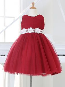 Scoop Sleeveless Toddler Flower Girl Dress Knee Length Appliques Wine Red Tulle