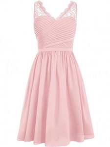V-neck Sleeveless Chiffon Dama Dress for Quinceanera Lace and Ruching Side Zipper