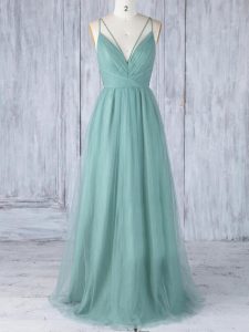 Low Price Green Bridesmaid Gown Prom and Party and Wedding Party with Appliques V-neck Sleeveless Criss Cross