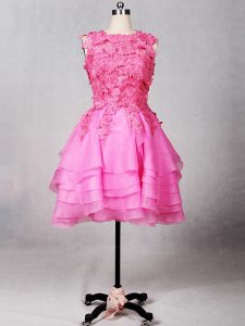 Trendy Rose Pink Zipper Junior Homecoming Dress Lace and Appliques and Ruffled Layers Sleeveless Knee Length