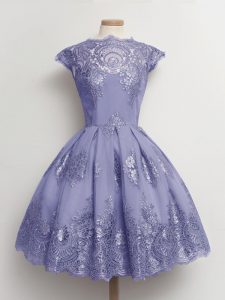 Excellent Tulle Scalloped Cap Sleeves Lace Up Lace Quinceanera Court Dresses in Lavender