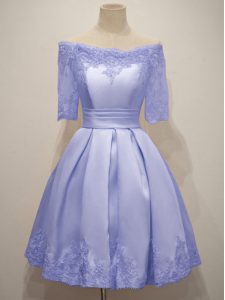 Simple Lavender Lace Up Off The Shoulder Lace Bridesmaid Dress Taffeta Half Sleeves