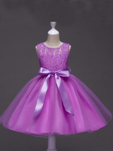 Ball Gowns Party Dress for Toddlers Lilac Scoop Tulle Sleeveless Knee Length Zipper