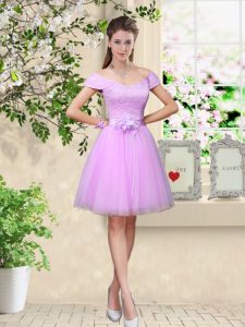 Lilac V-neck Neckline Lace and Belt Quinceanera Court Dresses Cap Sleeves Lace Up