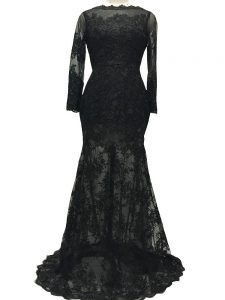 Black Mother Dresses Prom and Party and Sweet 16 with Lace and Belt Bateau Long Sleeves Brush Train Backless
