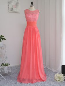 Elegant Watermelon Red Scoop Neckline Lace Wedding Party Dress Sleeveless Zipper