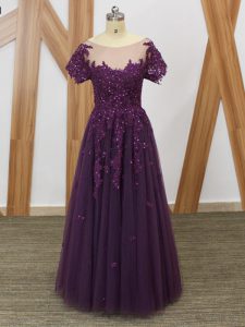 Purple Empire Tulle Scoop Short Sleeves Lace and Appliques Floor Length Zipper Mother Dresses