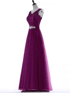 Delicate Floor Length Purple Celebrity Evening Dresses V-neck Sleeveless Zipper