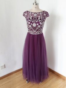 Spectacular Eggplant Purple Prom Party Dress Scoop Short Sleeves Zipper