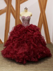 Sleeveless Beading and Ruffles Lace Up 15th Birthday Dress with Burgundy Brush Train