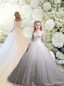 Designer White Flower Girl Dresses for Less Tulle Chapel Train 3 4 Length Sleeve Lace