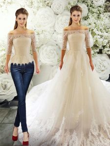 Off The Shoulder Half Sleeves Court Train Clasp Handle Wedding Dresses White Tulle