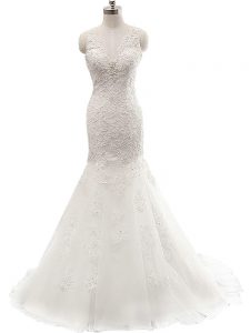 Elegant White V-neck Clasp Handle Lace Bridal Gown Brush Train Sleeveless