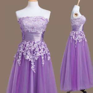 Lavender Strapless Neckline Appliques Bridesmaid Dresses Sleeveless Lace Up