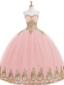 Designer Tulle Sweetheart Sleeveless Lace Up Appliques Sweet 16 Quinceanera Dress in Baby Pink