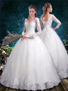 Pretty White V-neck Lace Up Lace Wedding Dresses 3 4 Length Sleeve