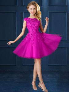 Fuchsia A-line Lace and Belt Damas Dress Lace Up Tulle Cap Sleeves Knee Length