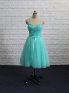 Pretty Apple Green A-line Tulle Sweetheart Sleeveless Beading and Sashes ribbons Knee Length Lace Up