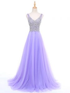 Lavender V-neck Zipper Beading Formal Dresses Sleeveless