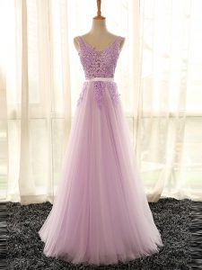 Sleeveless Tulle Floor Length Lace Up Vestidos de Damas in Lilac with Appliques