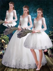 V-neck 3 4 Length Sleeve Wedding Gowns Floor Length Lace White Tulle