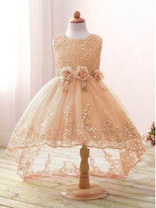 High Quality Scoop Sleeveless Tulle Toddler Flower Girl Dress Lace and Bowknot and Hand Made Flower Zipper