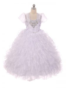 Beautiful Organza Straps Sleeveless Lace Up Beading and Ruffles Party Dress for Toddlers in White