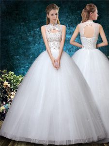 White Ball Gowns Tulle High-neck Sleeveless Beading and Appliques and Embroidery Floor Length Lace Up Wedding Dress
