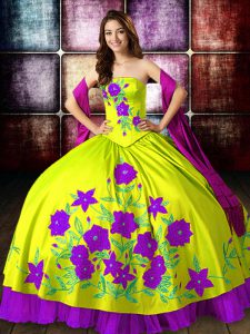 Glamorous Yellow Green Sleeveless Floor Length Embroidery Lace Up 15 Quinceanera Dress