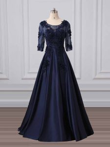 Romantic Lace and Appliques Mother of the Bride Dress Navy Blue Zipper 3 4 Length Sleeve Brush Train