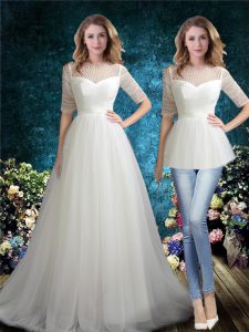 White Half Sleeves Brush Train Beading Wedding Dresses
