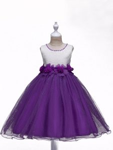 Ball Gowns Kids Pageant Dress Purple Scoop Organza Sleeveless Knee Length Zipper