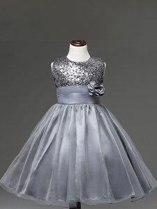 Silver Sleeveless Knee Length Sequins and Hand Made Flower Zipper Flower Girl Dresses