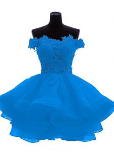 Decent Off The Shoulder Sleeveless Prom Dress Mini Length Lace and Appliques and Ruffles Blue Organza
