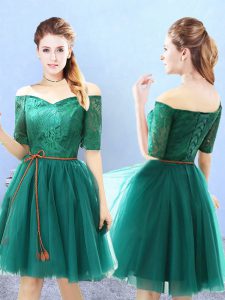 High Quality Green Off The Shoulder Neckline Lace Dama Dress for Quinceanera Half Sleeves Lace Up