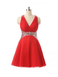 Red Sleeveless Beading Mini Length Homecoming Dress
