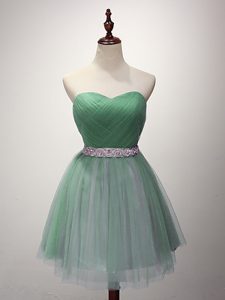 Green A-line Tulle Sweetheart Sleeveless Beading and Ruching Mini Length Lace Up Vestidos de Damas
