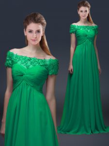 New Style Green Off The Shoulder Neckline Appliques Mother of the Bride Dress Short Sleeves Lace Up