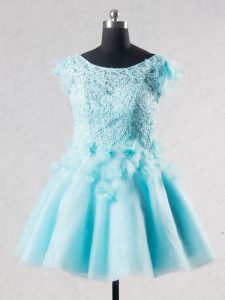 Eye-catching Mini Length Aqua Blue Tulle Short Sleeves Lace and Appliques and Hand Made Flower